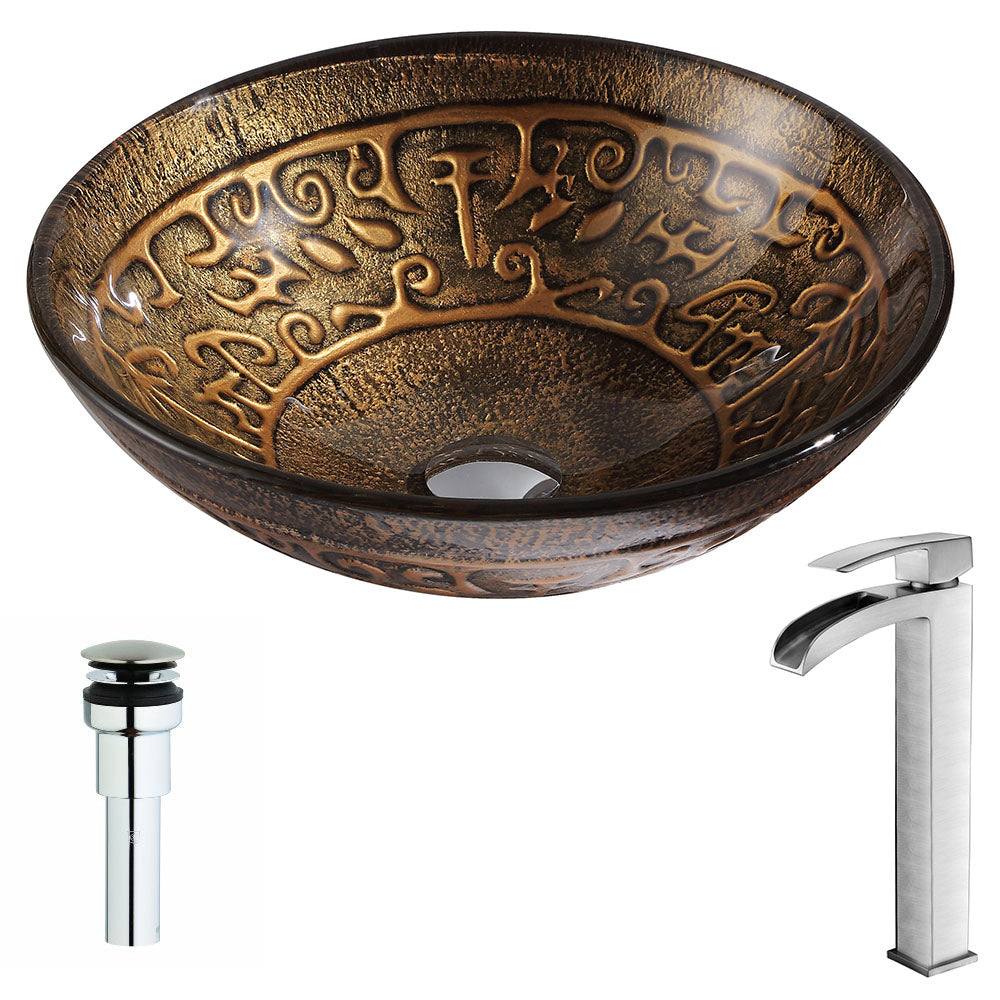 ANZZI LSAZ079-097B Alto Series Deco-Glass Vessel Sink in Lustrous Brown with Key Faucet in Brushed Nickel