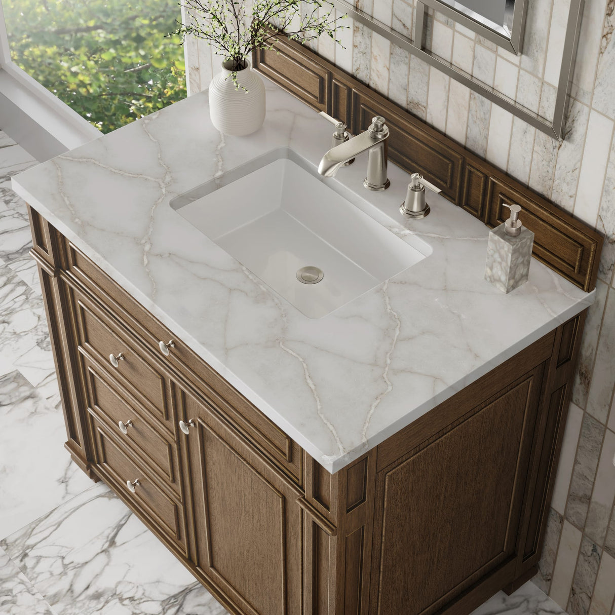 Bristol 36" Single Vanity, Saddle Brown w/ 3 CM Victorian Silver Silestone Top