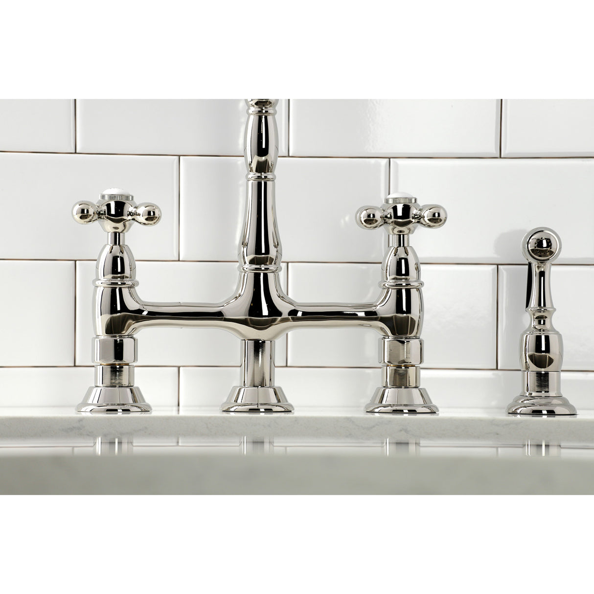 Kingston Brass KS1276AXBS Heritage Bridge Kitchen Faucet with Brass Sprayer, Polished Nickel