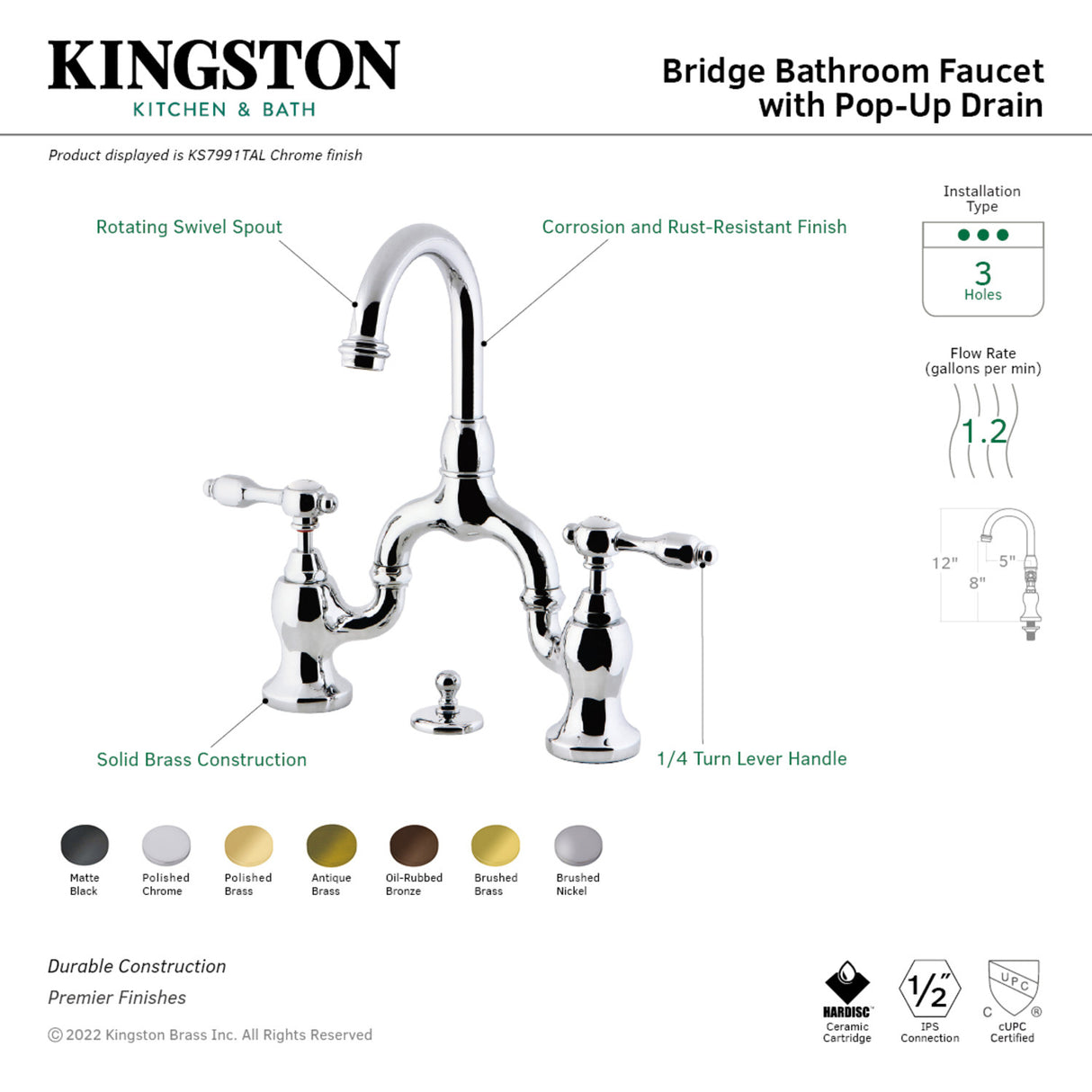 Kingston Brass KS7993TAL Tudor Bridge Bathroom Faucet with Brass Pop-Up, Antique Brass