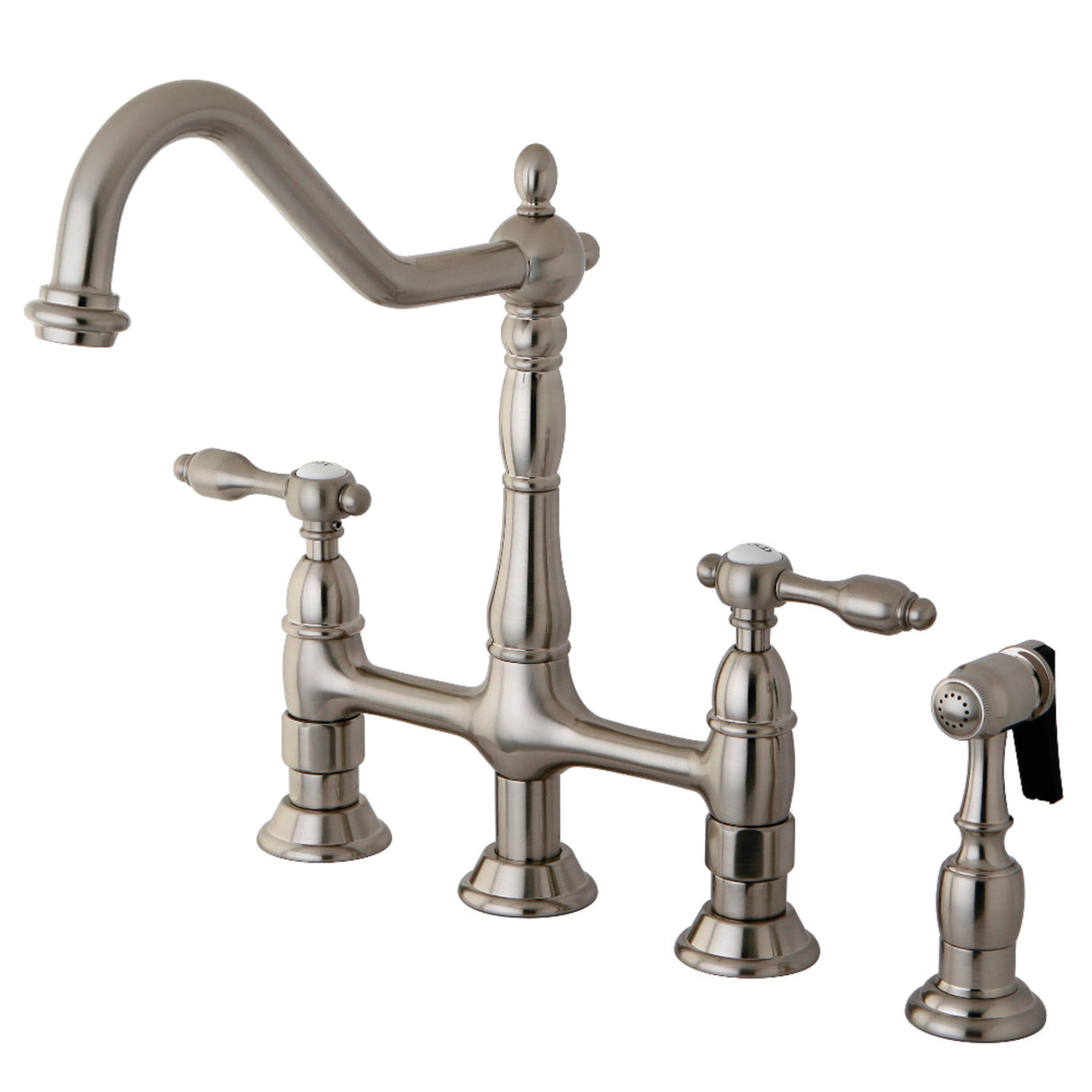 Kingston Brass KS1278TALBS Tudor Bridge Kitchen Faucet with Brass Sprayer, Brushed Nickel