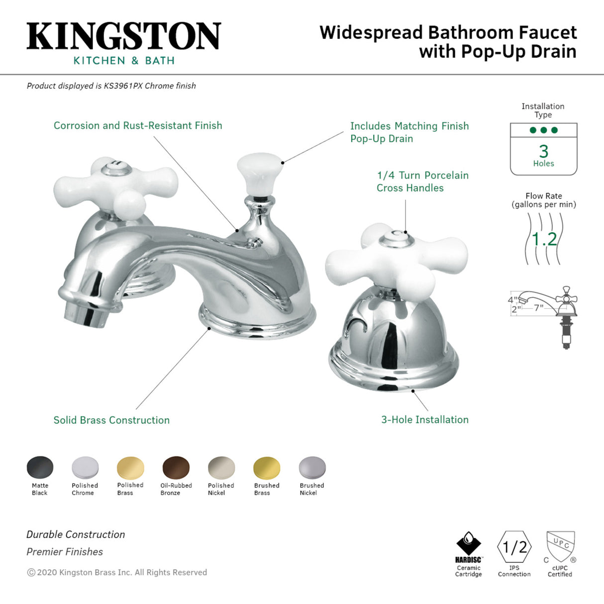 Kingston Brass KS3962PX 8 in. Widespread Bathroom Faucet, Polished Brass