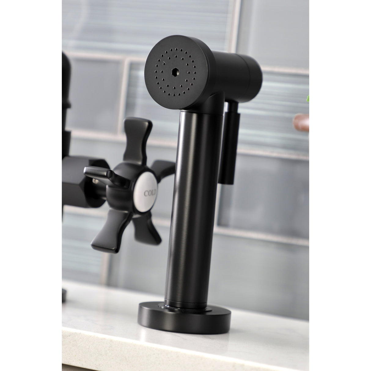 Kingston Brass KS2330NX Hamilton Industrial Style Bridge Kitchen Faucet with Brass Sprayer, Matte Black