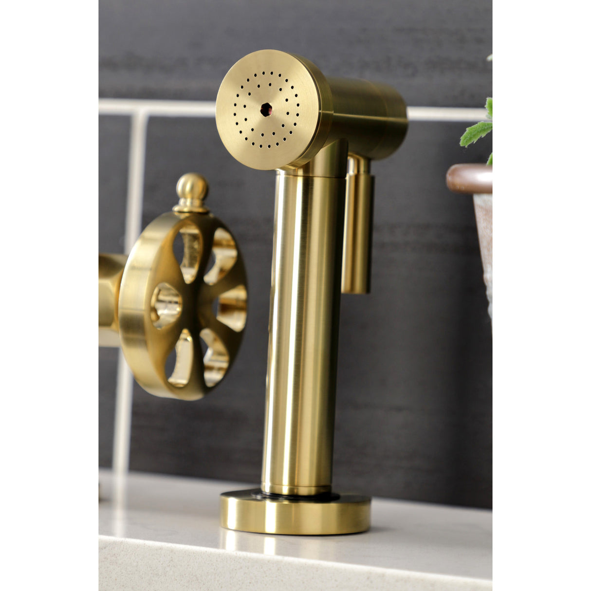 Kingston Brass KS2337RX Belknap Industrial Style Bridge Kitchen Faucet with Brass Sprayer, Brushed Brass