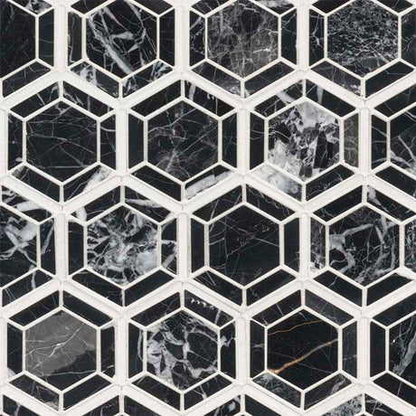 Hexagono nero 11.5X13.25 polished marble mesh mounted mosaic tile SMOT-HEXGON-NEROP product shot multiple tiles angle view