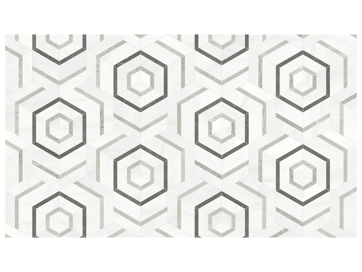 Anatolia Tile Utopio Hexo Mist Honed W/ Polished Accents Natural Stone Waterjet Mosaic 5001-0393-0 Hexo Mist - premium natural stone mosaic tile from Anatolia Tile, available at PoshHaus showroom in Keene, NH