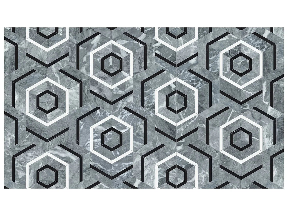 Anatolia Tile Utopio Hexo Monochromo Honed W/ Polished Accents Natural Stone Waterjet Mosaic 5001-0391-0 Hexo Monochromo - premium natural stone mosaic tile from Anatolia Tile, available at PoshHaus showroom in Keene, NH