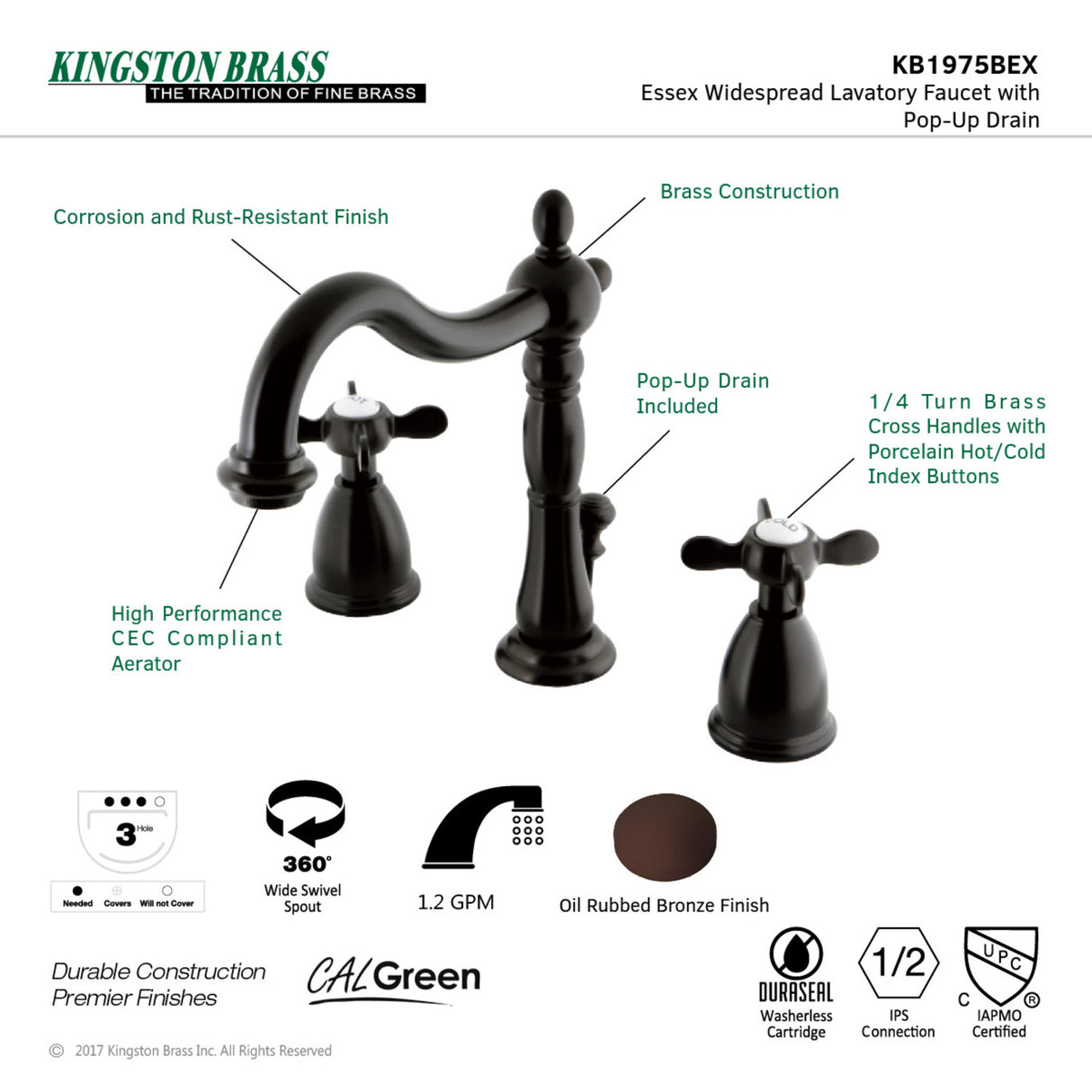 Kingston Brass KB1975BEX Essex Widespread Bathroom Faucet with Plastic Pop-Up, Oil Rubbed Bronze