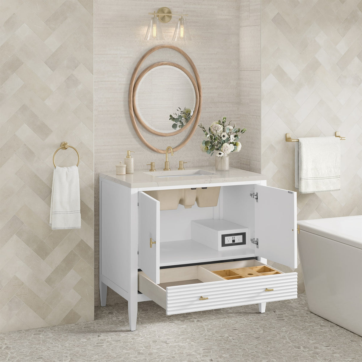 Myrrin 36" Vanity, Bright White, w/ 3 CM Siberian Silestone Top