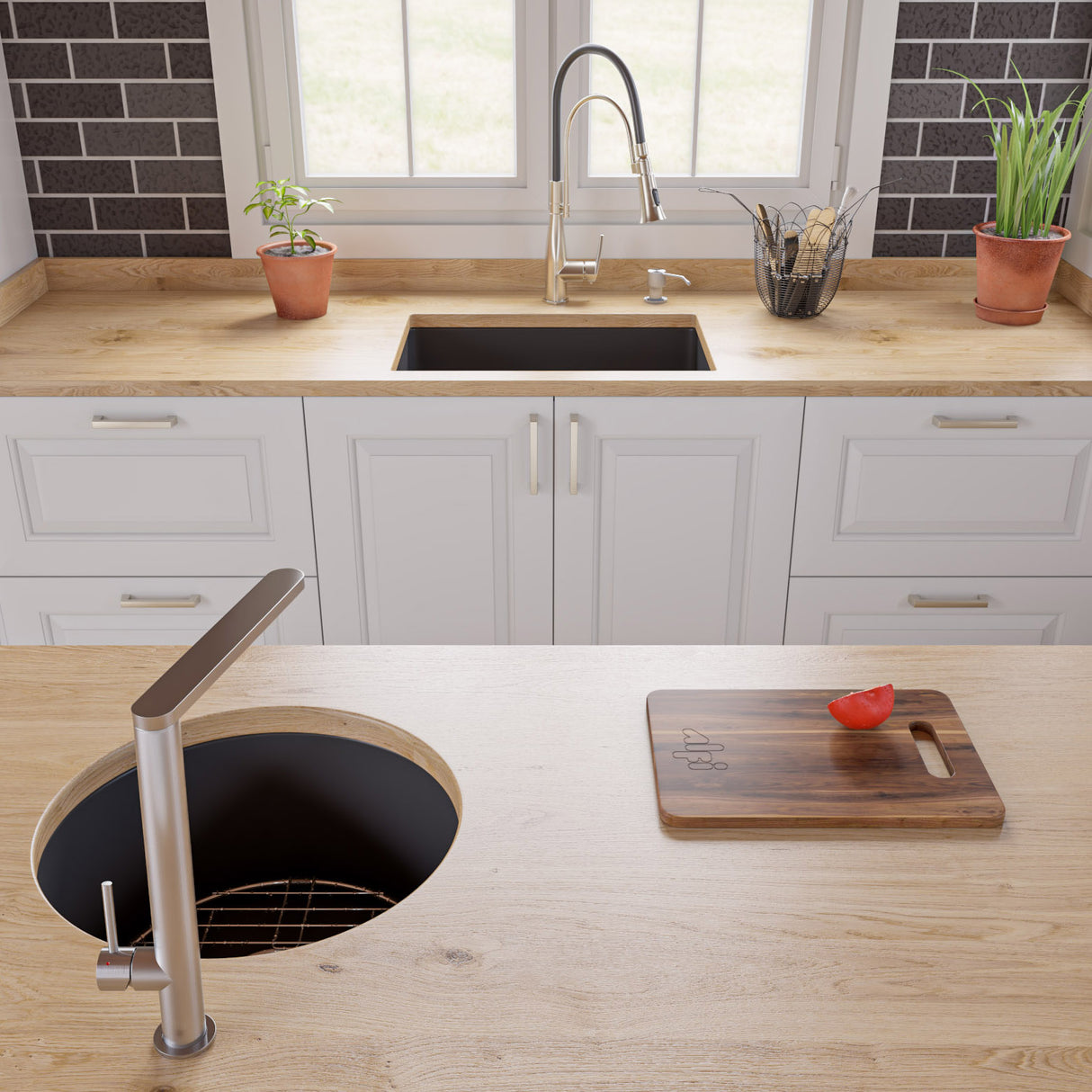 Brushed Nickel Kitchen Faucet with Black Rubber Stem