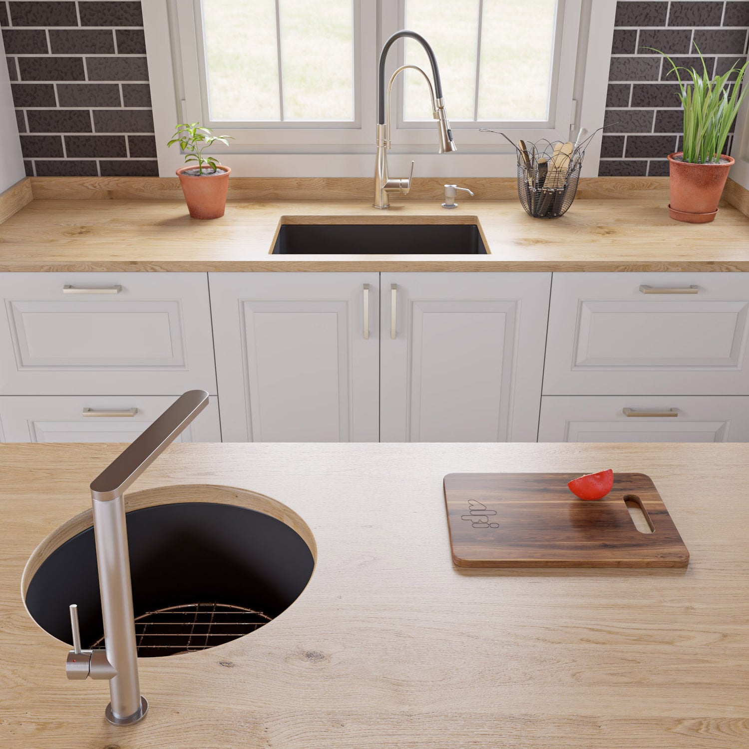 Brushed Nickel Kitchen Faucet with Black Rubber Stem