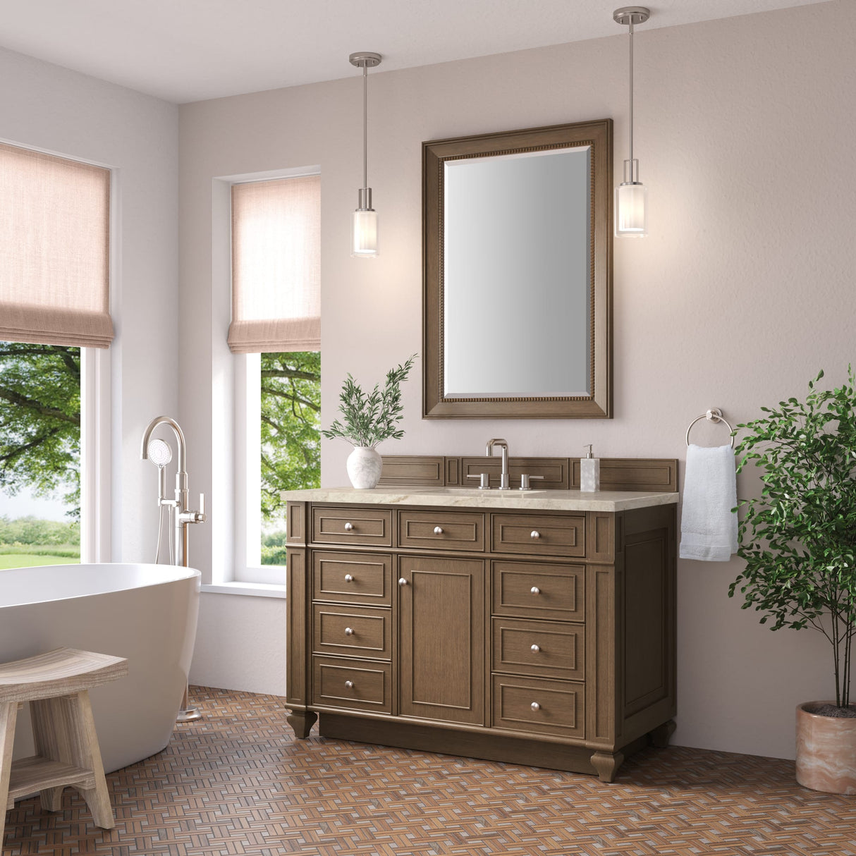 Bristol 48" Single Vanity, Saddle Brown, w/ 3 CM Tajnar Eclos Top w/FreePower Wireless Charger