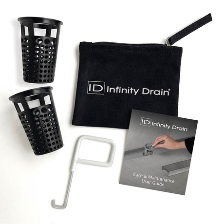 Infinity Drain HMK-65B-2A Hair Maintenance Kit. Includes maintenance guide, AKEY Lift-out key, and (2) HB 65B Hair Basket in black.