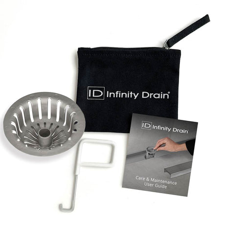 Infinity Drain HMK-A4 Hair Maintenance Kit. Includes maintenance guide, AKEY Lift-out key, and HS 4 Hair Strainer.