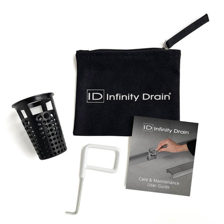 Infinity Drain HMK-C2B-D Hair Maintenance Kit. Includes maintenance guide, DKEY Lift-out key, and HB 65B Hair Basket in black.