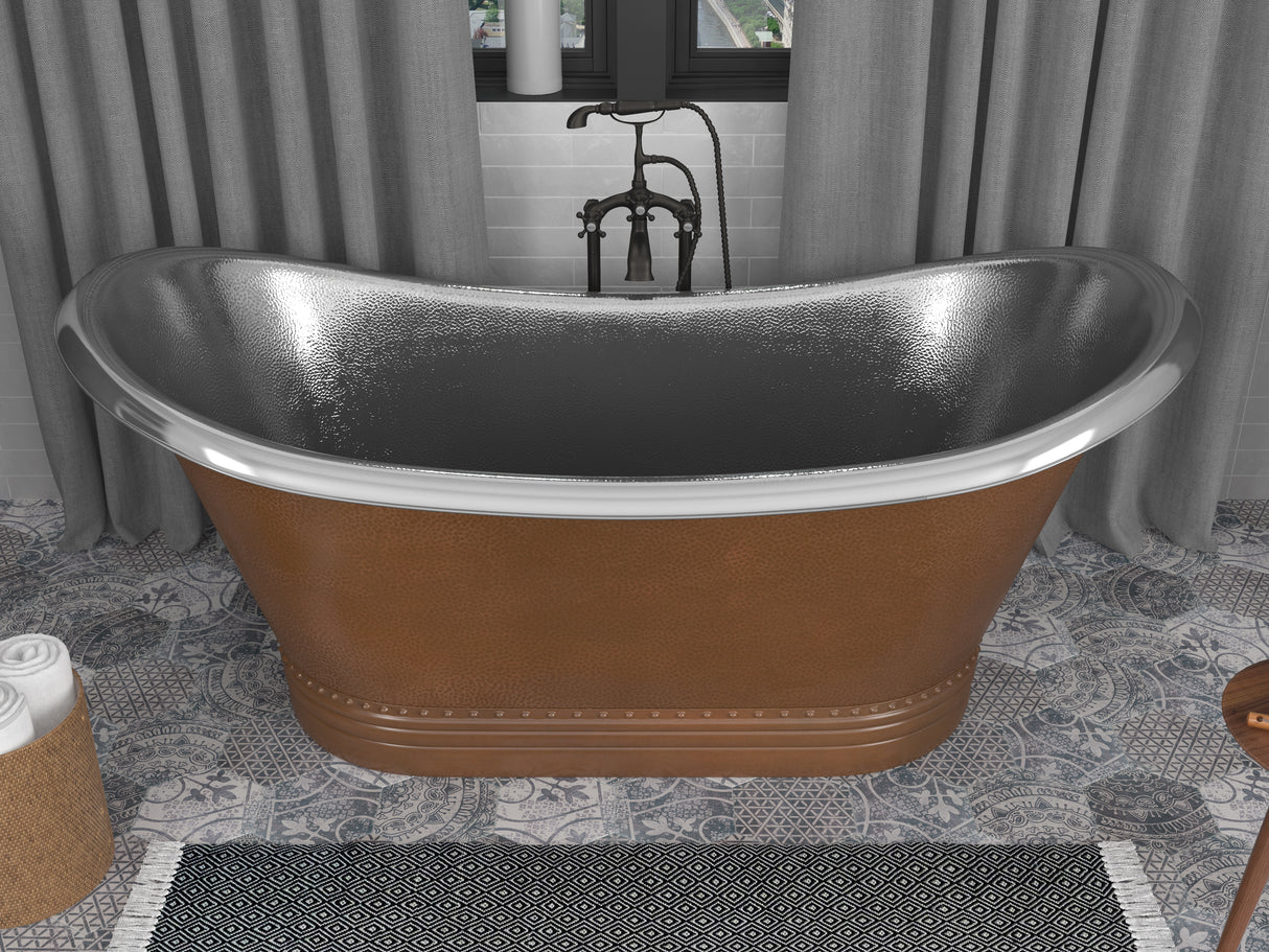 ANZZI BT-005 Ionian 67 in. Handmade Copper Double Slipper Flatbottom Non-Whirlpool Bathtub in Hammered Antique Copper