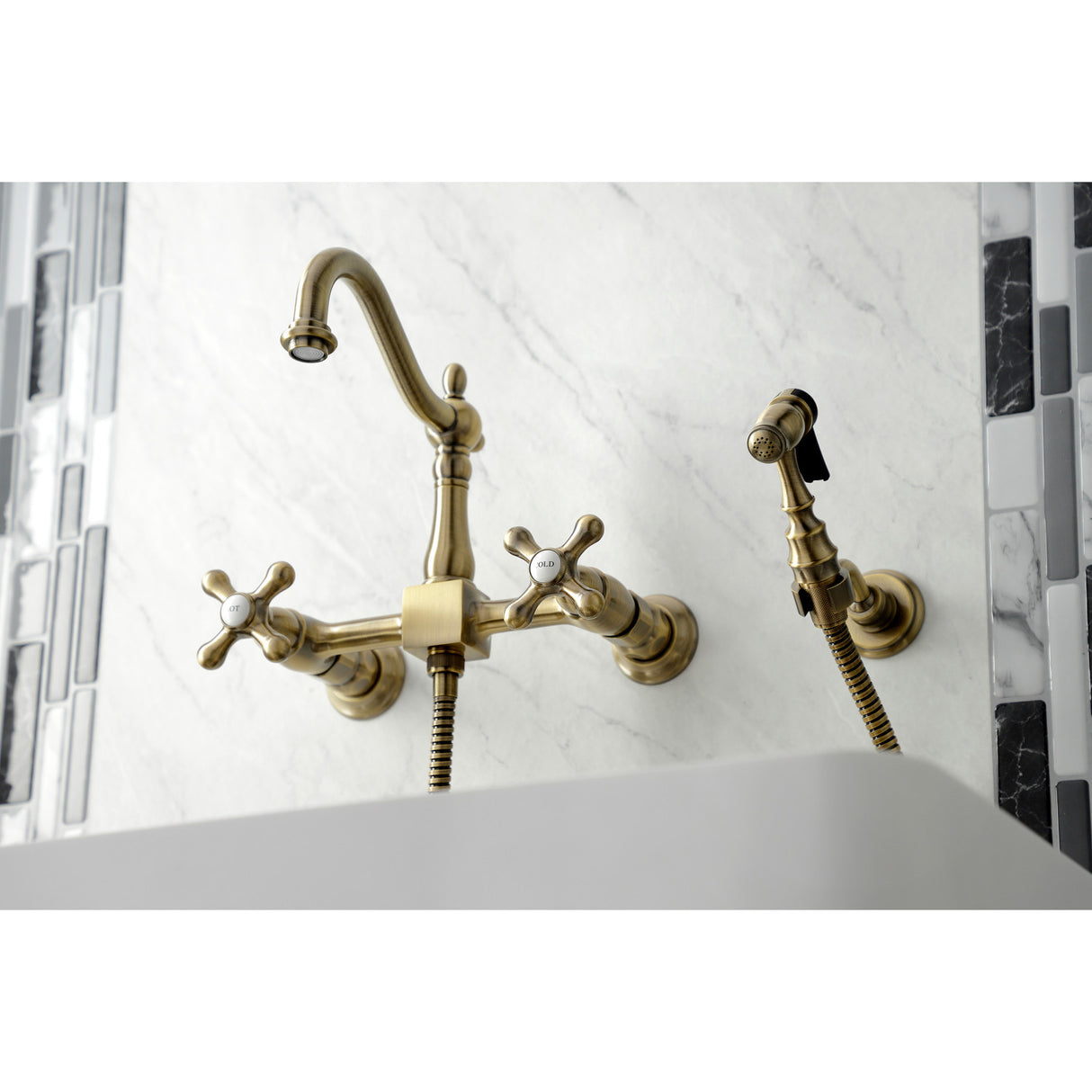 Kingston Brass KS1263AXBS Heritage Wall Mount Bridge Kitchen Faucet with Brass Sprayer, Antique Brass