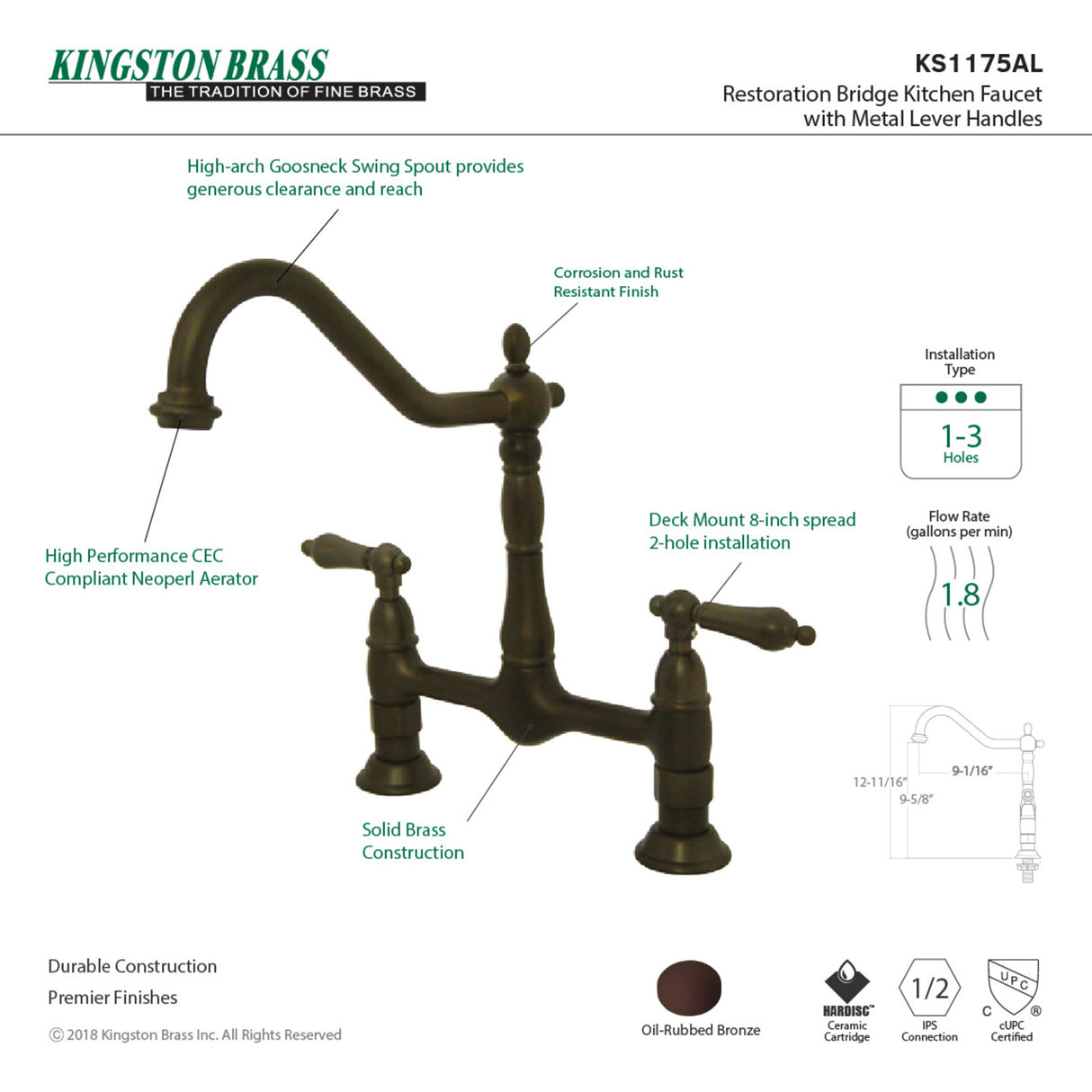 Kingston Brass KS1175AL Heritage Bridge Kitchen Faucet, Oil Rubbed Bronze