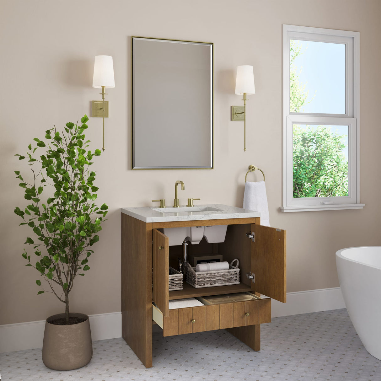 Hudson 30" Single Vanity, Honey Oak w/ 3 CM Eternal Jasmine Pearl Silestone Top