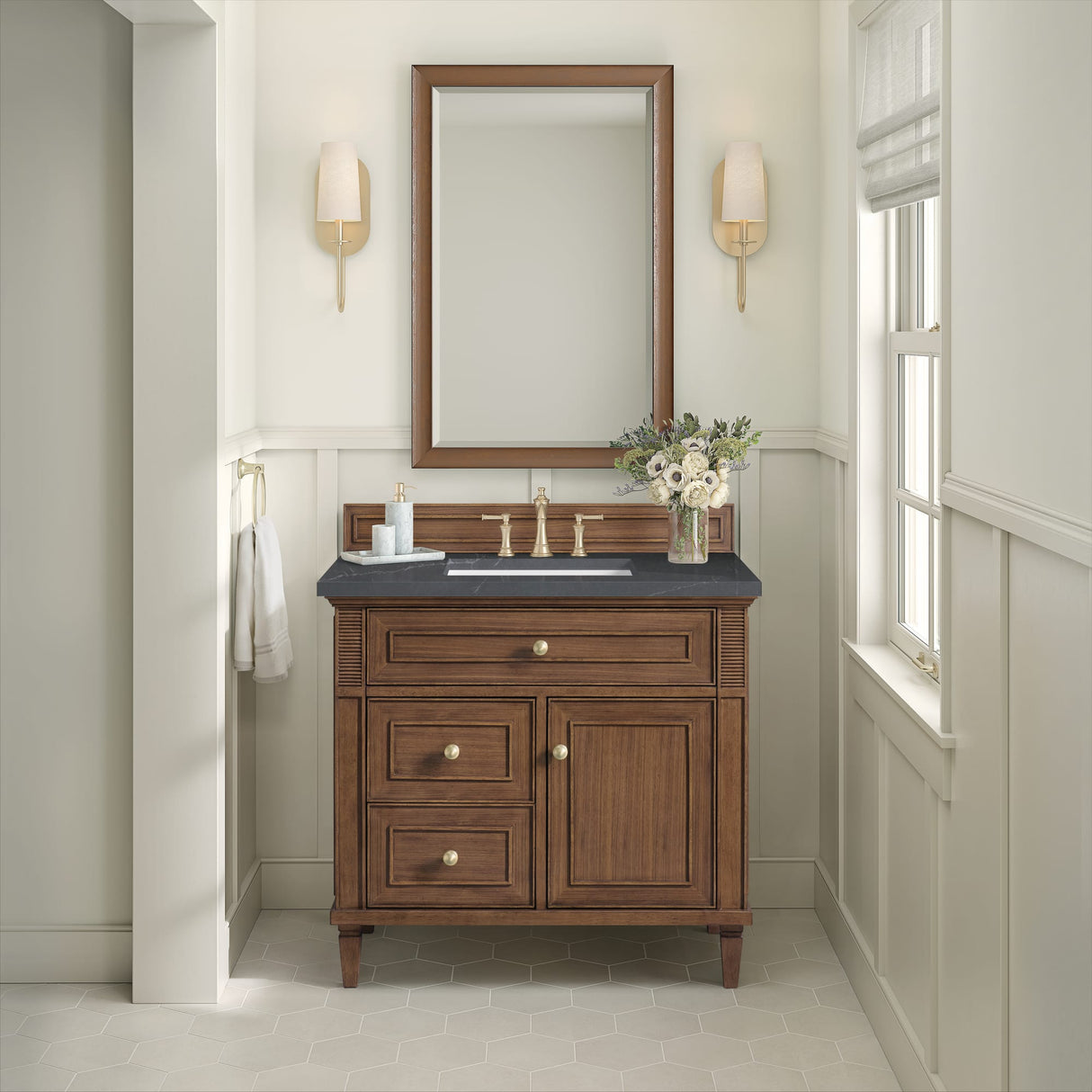 Lorelai 36" Single Vanity, Mid-Century Walnut w/ 3 CM Charcoal Soapstone Silestone Top