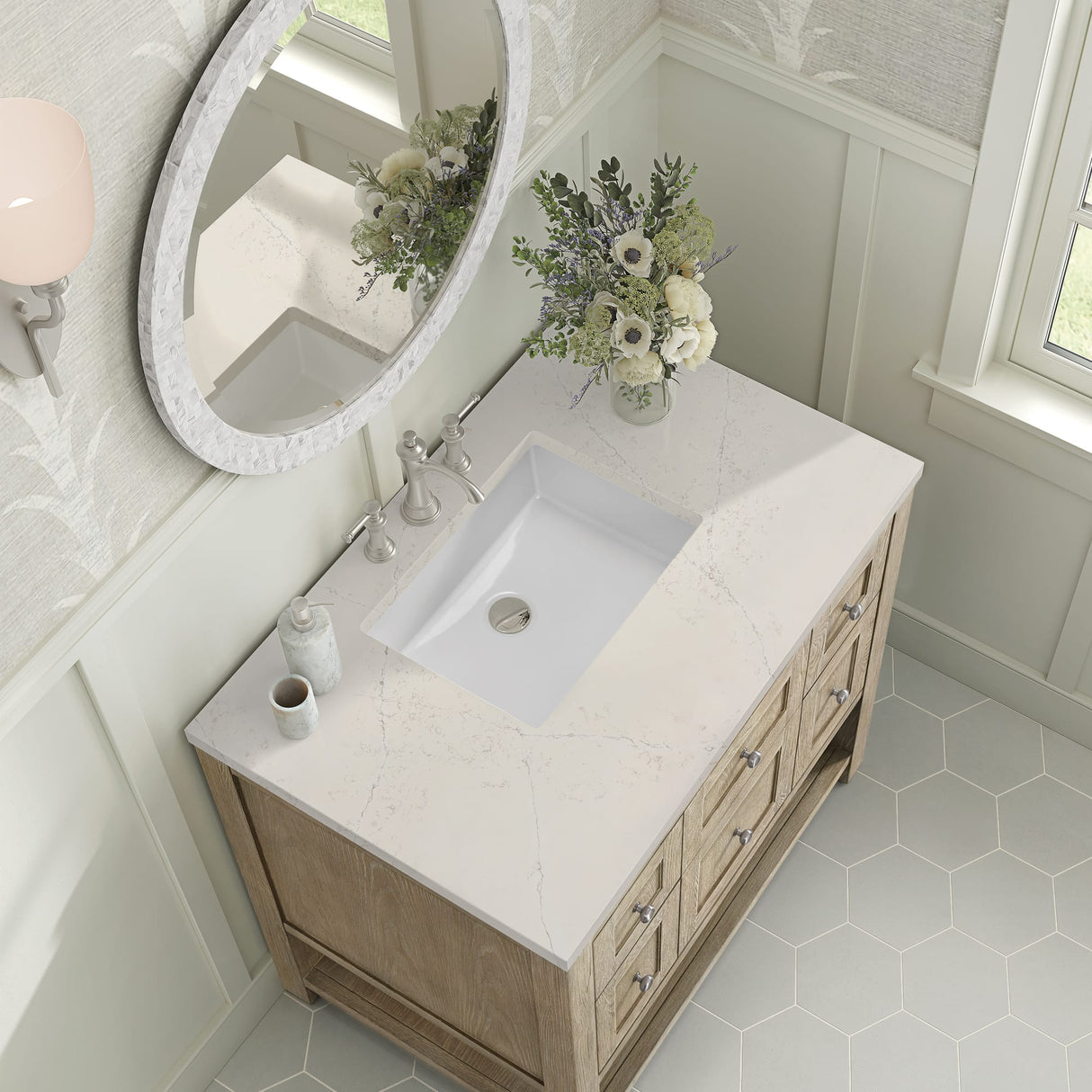 Breckenridge 36" Single Vanity, Whitewashed Oak, w/ 3 CM Siberian Silestone Top