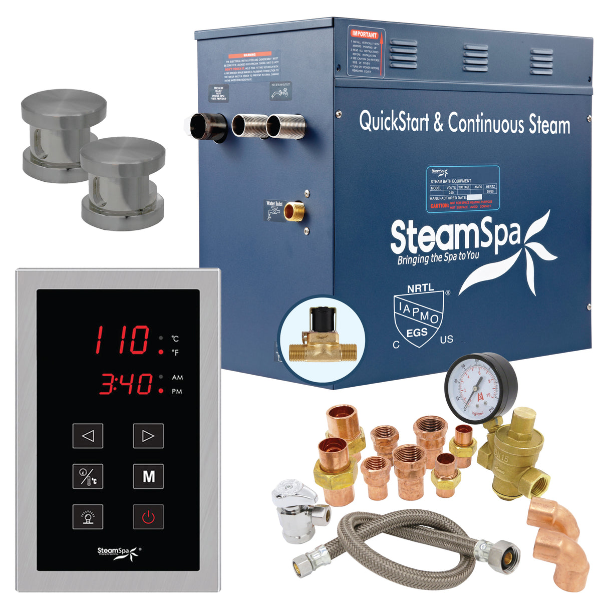 SteamSpa Premium 12 KW QuickStart Acu-Steam Bath Generator Package with Built-in Auto Drain in Brushed Nickel PRT1200BN-A