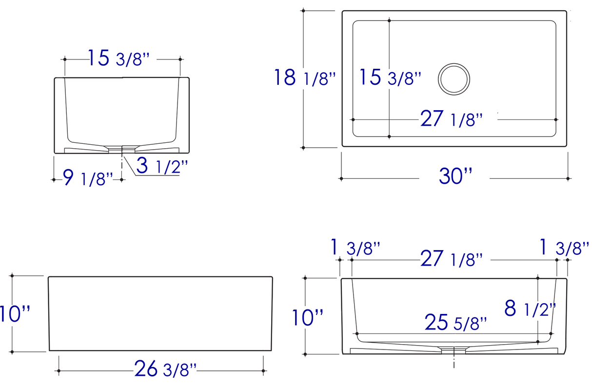 ALFI brand AB3018SB-W  30" White Smooth Apron Solid Thick Wall Fireclay Single Bowl Farm Sink