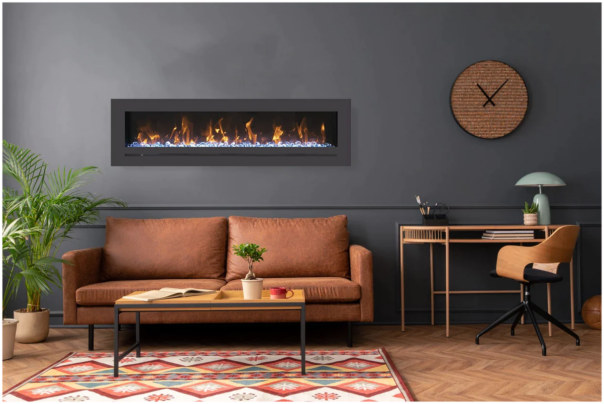 Amantii WM-FML-88-9623-STL Wall Mount / Flush Mount - 88" Electric Fireplace with a Steel Surround and Glass Media