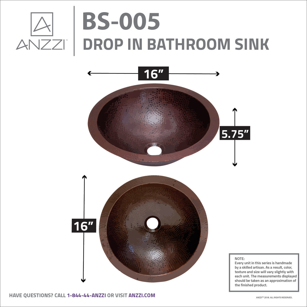 ANZZI BS-005 Antakya 16 in. Drop-in Round Bathroom Sink in Hammered Antique Copper
