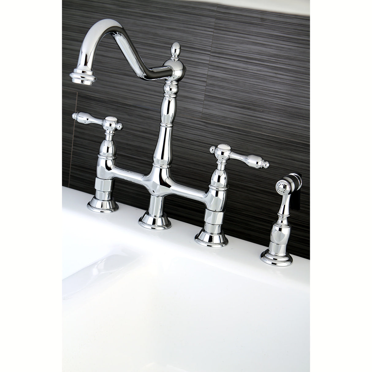 Kingston Brass KS1271TALBS Tudor Bridge Kitchen Faucet with Brass Sprayer, Polished Chrome