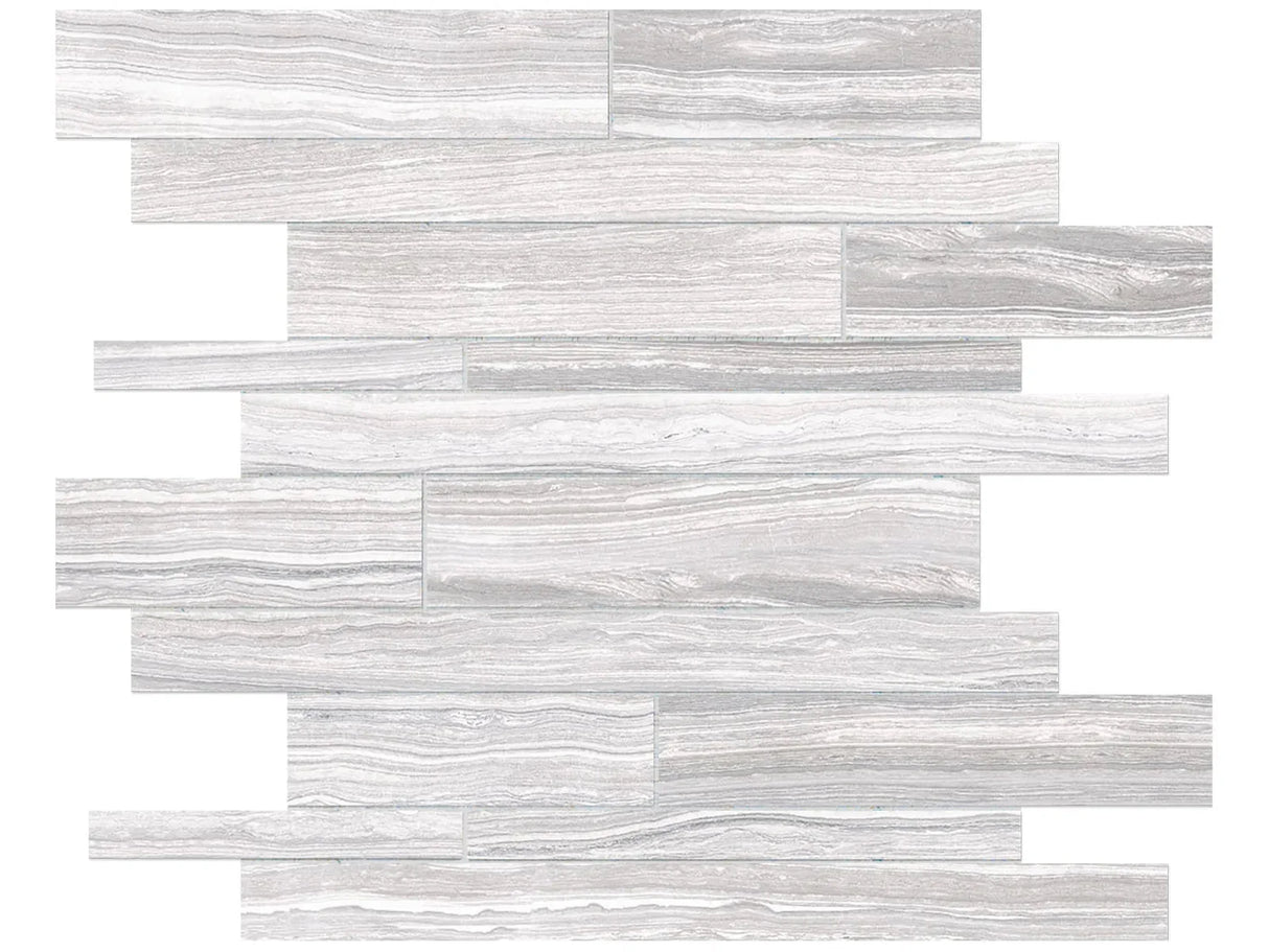 Anatolia Tile Eramosa Ice Random Strip Matte Porcelain Mosaics. 1 Sheet = .96 Sq. Ft. 4501-0089-0 (69-187) Ice Random Strip - premium natural stone mosaic tile from Anatolia Tile, available at PoshHaus showroom in Keene, NH
