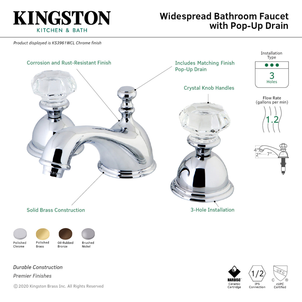 Kingston Brass KS3961WCL 8 in. Widespread Bathroom Faucet, Polished Chrome