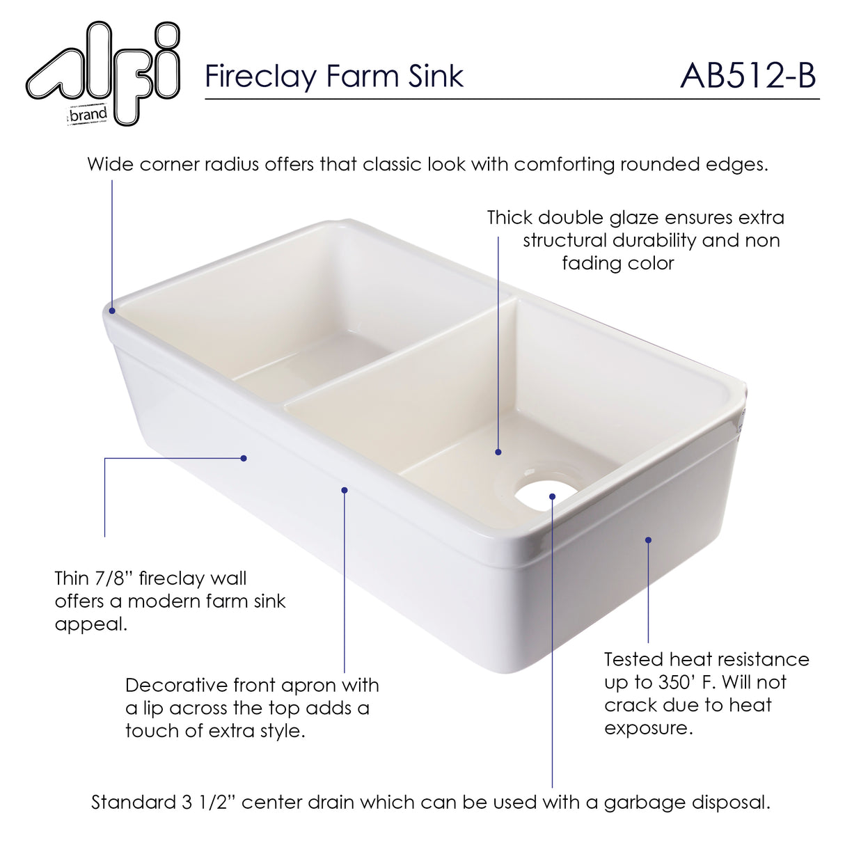 ALFI brand AB512-B Biscuit 32" Double Bowl Lip Apron Fireclay Farmhouse Kitchen Sink with 1 3/4" Lip