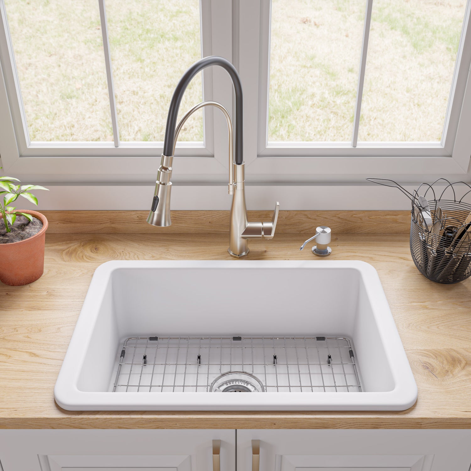 White 27" x 18" Fireclay Undermount / Drop In Firelcay Kitchen Sink