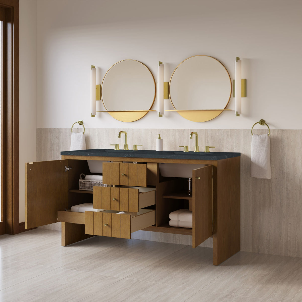 Hudson 60" Double Vanity, Honey Oak w/ 3 CM Charcoal Soapstone Silestone Top