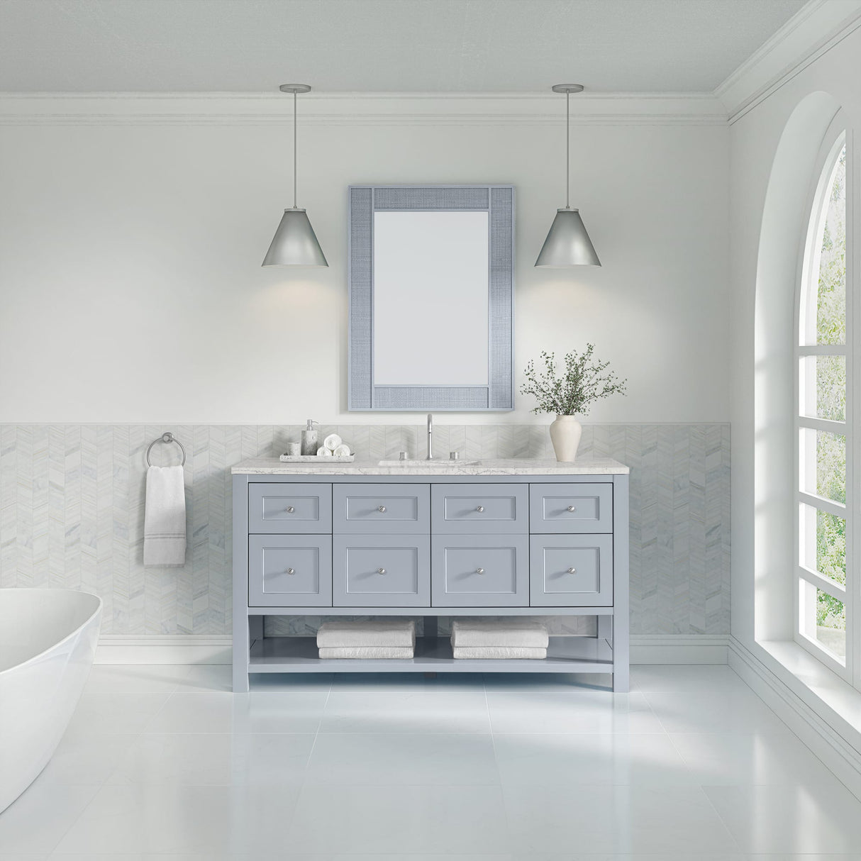 Breckenridge 60" Single Vanity, Serenity Blue, w/ 3 CM Eternal Jasmine Pearl Silestone Top w/ FreePower Wireless Charger