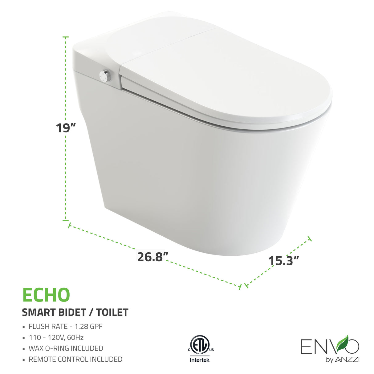 ENVO Echo Elongated Smart Toilet Bidet in White with Auto Open, Auto Close, Auto Flush, and Heated Seat