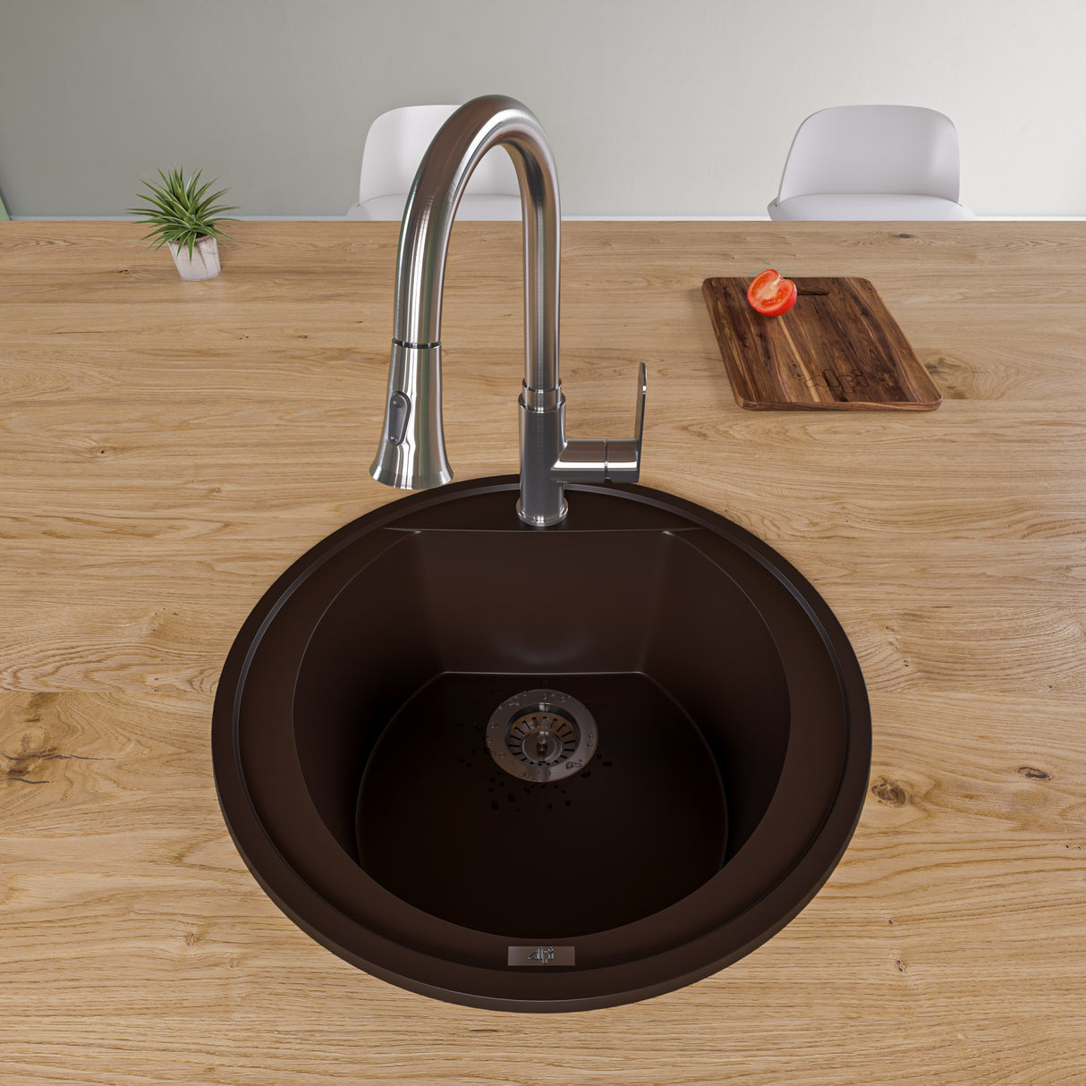 ALFI brand AB2020DI-C Chocolate 20" Drop-In Round Granite Composite Kitchen Prep Sink