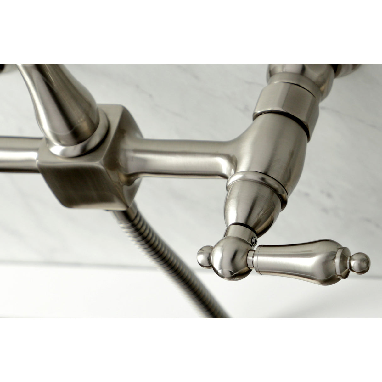 Kingston Brass KS1268ALBS Heritage Wall Mount Bridge Kitchen Faucet with Brass Sprayer, Brushed Nickel