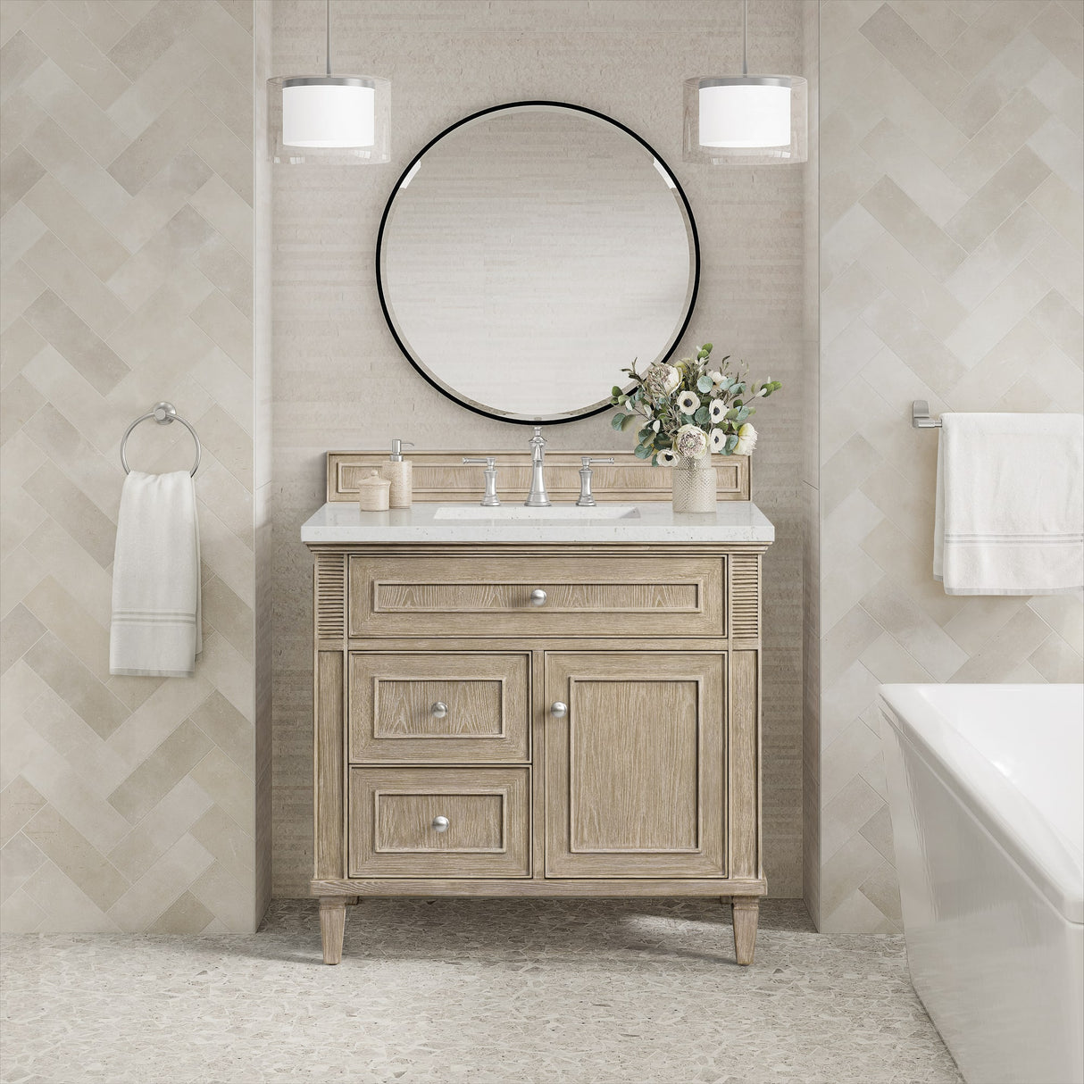 Lorelai 36" Single Vanity, Whitewashed Oak w/ 3 CM Lime Delight Silestone Top