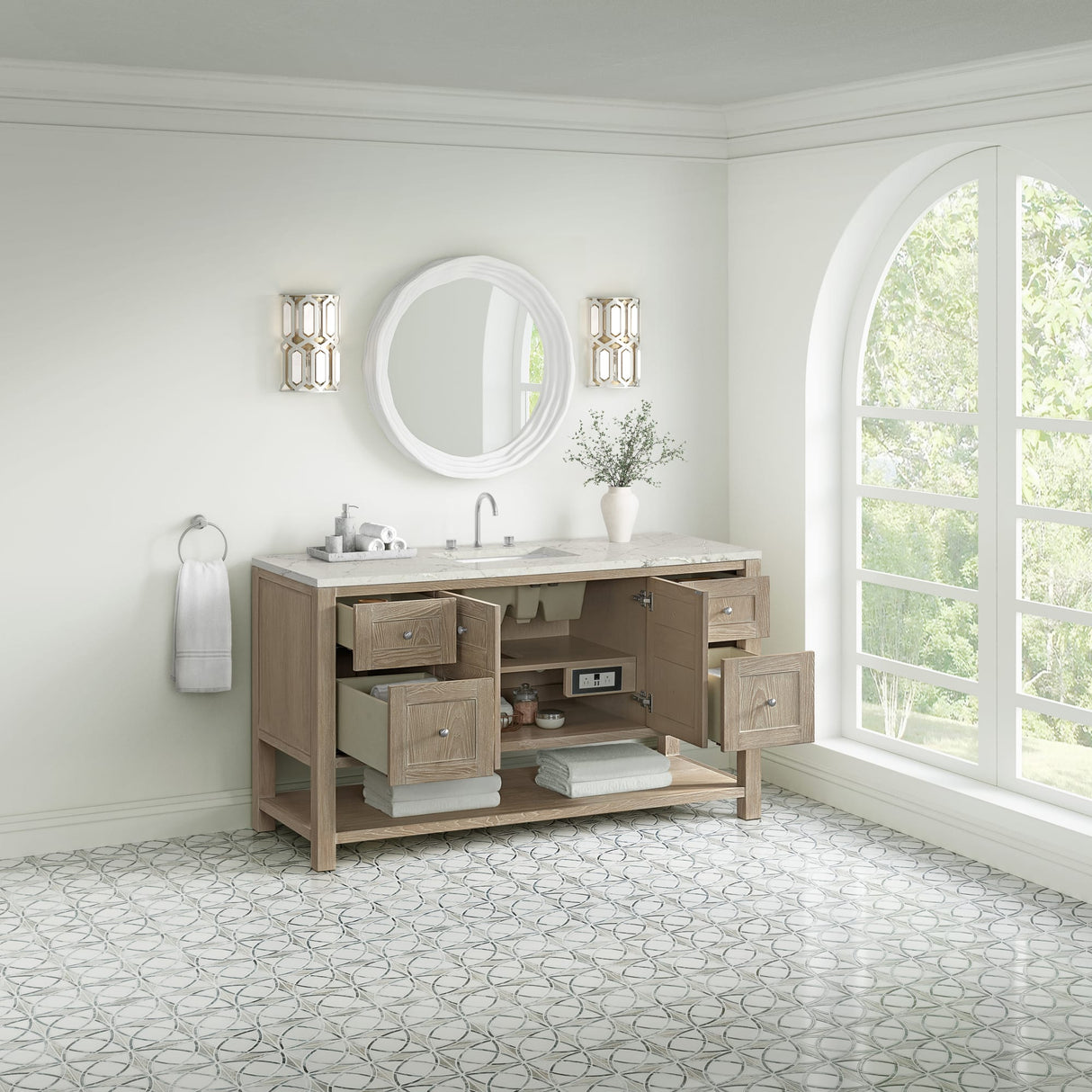 Breckenridge 60" Single Vanity, Whitewashed Oak, w/ 3 CM Victorian Silver Silestone Top w/ FreePower Wireless Charger