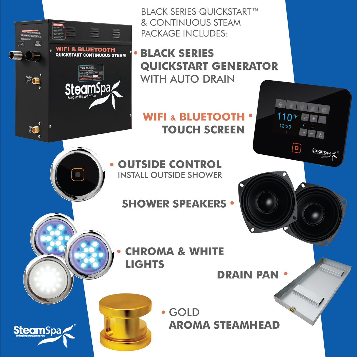 Black Series Wifi and Bluetooth 4.5kW QuickStart Steam Bath Generator Package in Gold BKT450GD-A