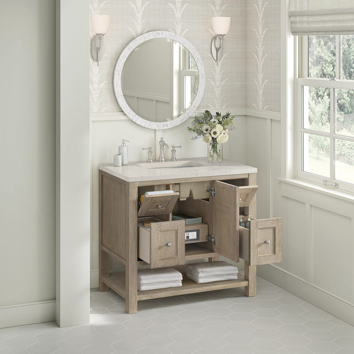 Breckenridge 36" Single Vanity, Whitewashed Oak, w/ 3 CM Siberian Silestone Top