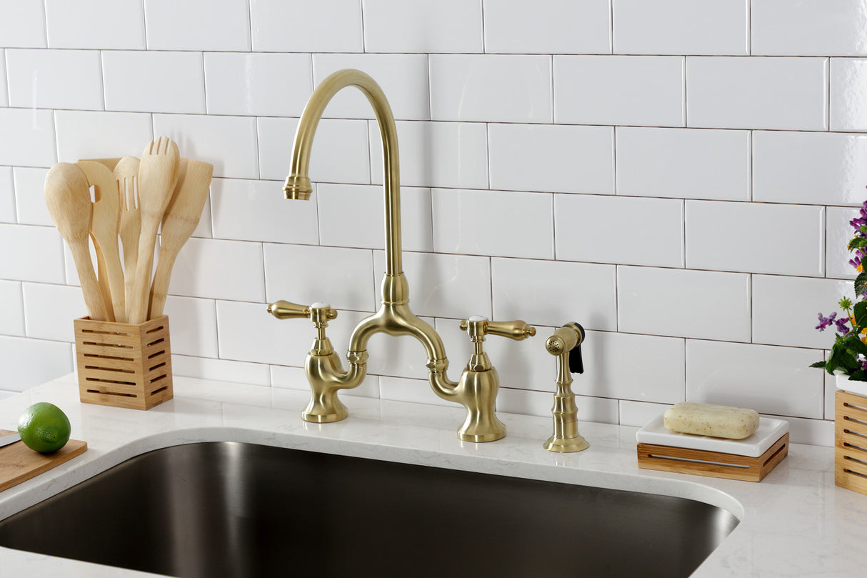 Kingston Brass KS7797BALBS Heirloom Bridge Kitchen Faucet with Brass Sprayer, Brushed Brass