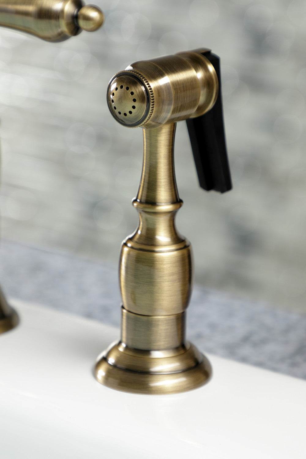 Kingston Brass KS1273ALBS Heritage Bridge Kitchen Faucet with Brass Sprayer, Antique Brass