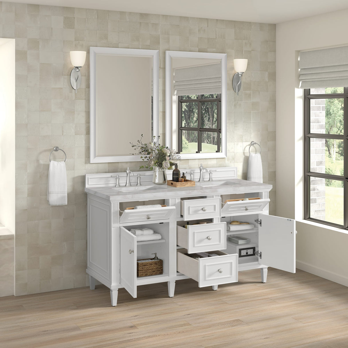 Lorelai 60" Double Vanity, Bright White w/ 3 CM Victorian Silver Silestone Top w/FreePower Wireless Charger