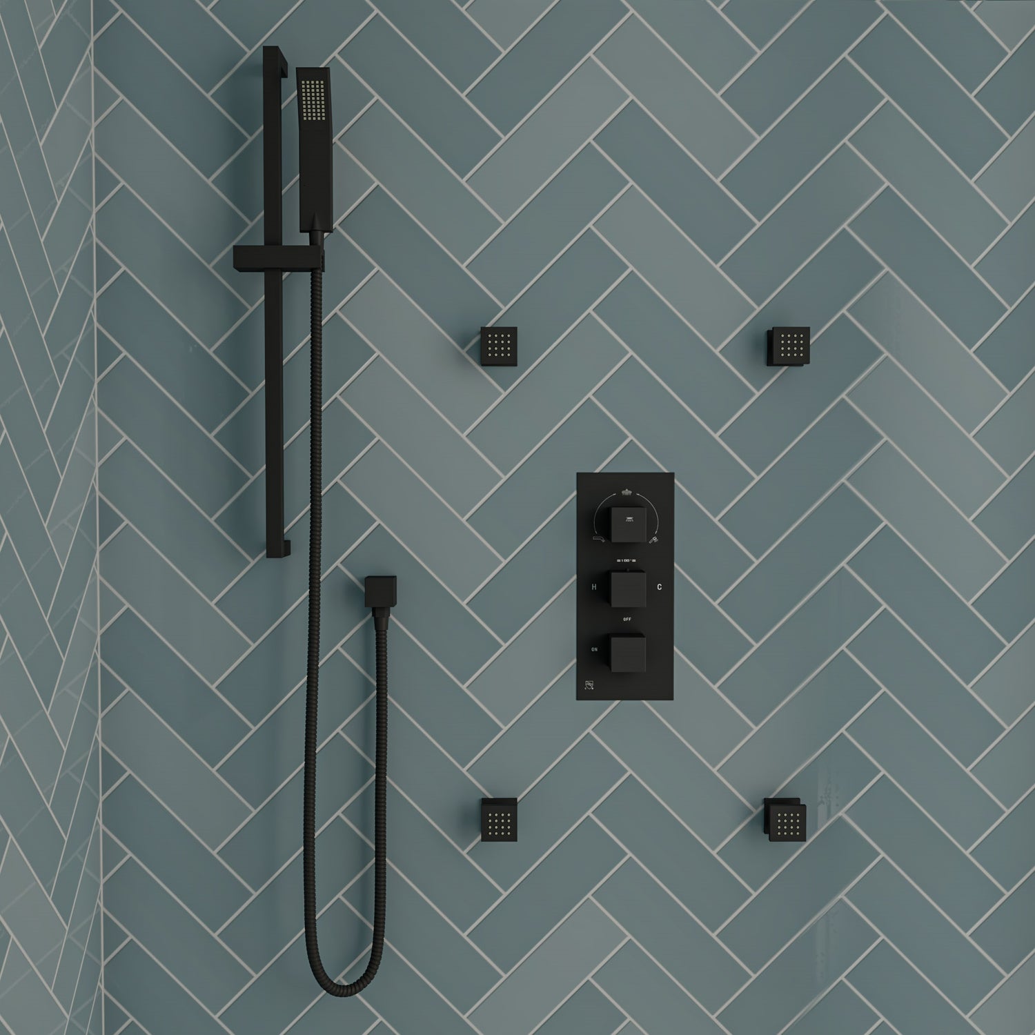Black Matte 3-Way Thermostatic Valve Shower Mixer Square Knobs