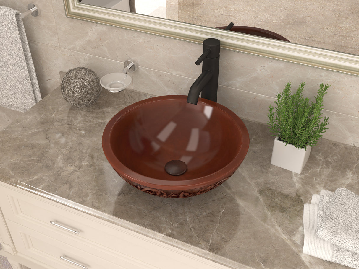 ANZZI BS-011 Theban 16 in. Handmade Vessel Sink in Polished Antique Copper with Floral Design Exterior