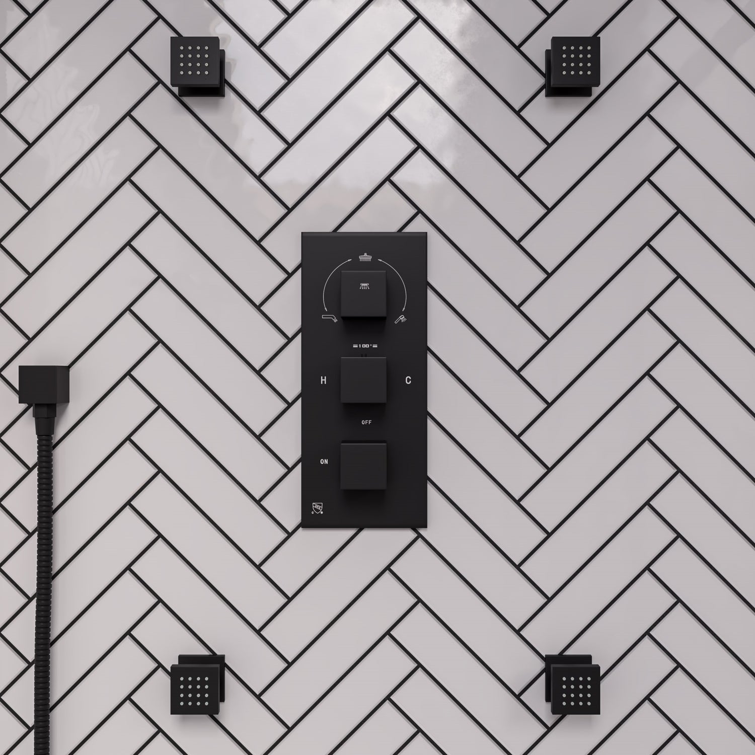 Black Matte 3-Way Thermostatic Valve Shower Mixer Square Knobs