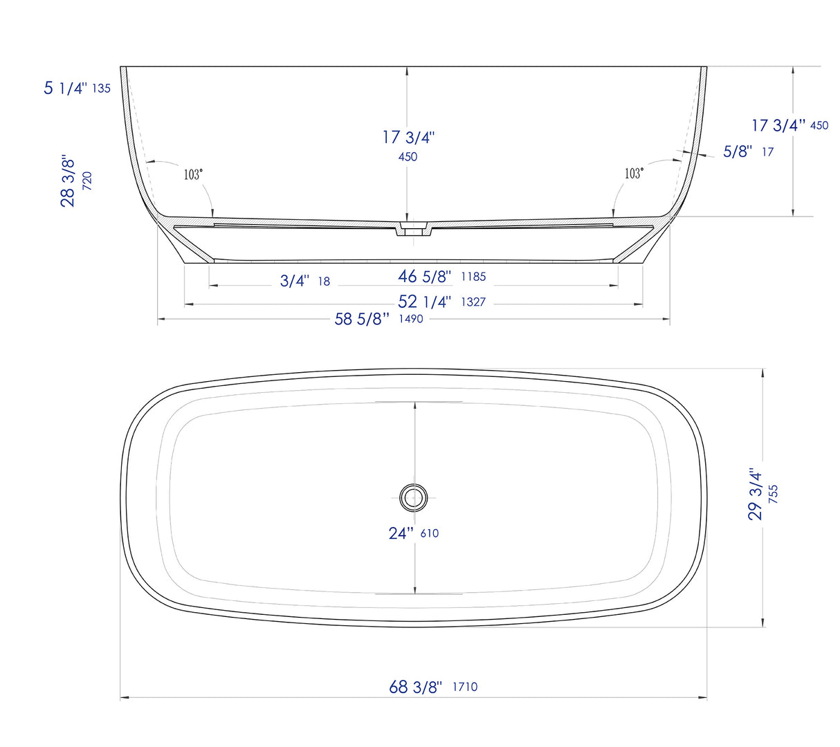 67" White Matte Solid Surface Resin Bathtub